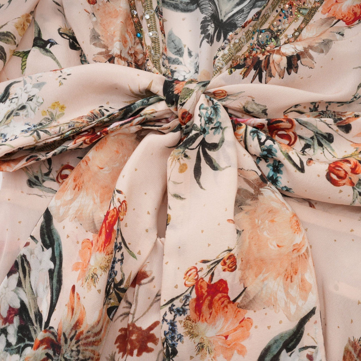 Michelina Dress Floral Print Blouson Sleeve Bow Detail Silk Thigh - Length