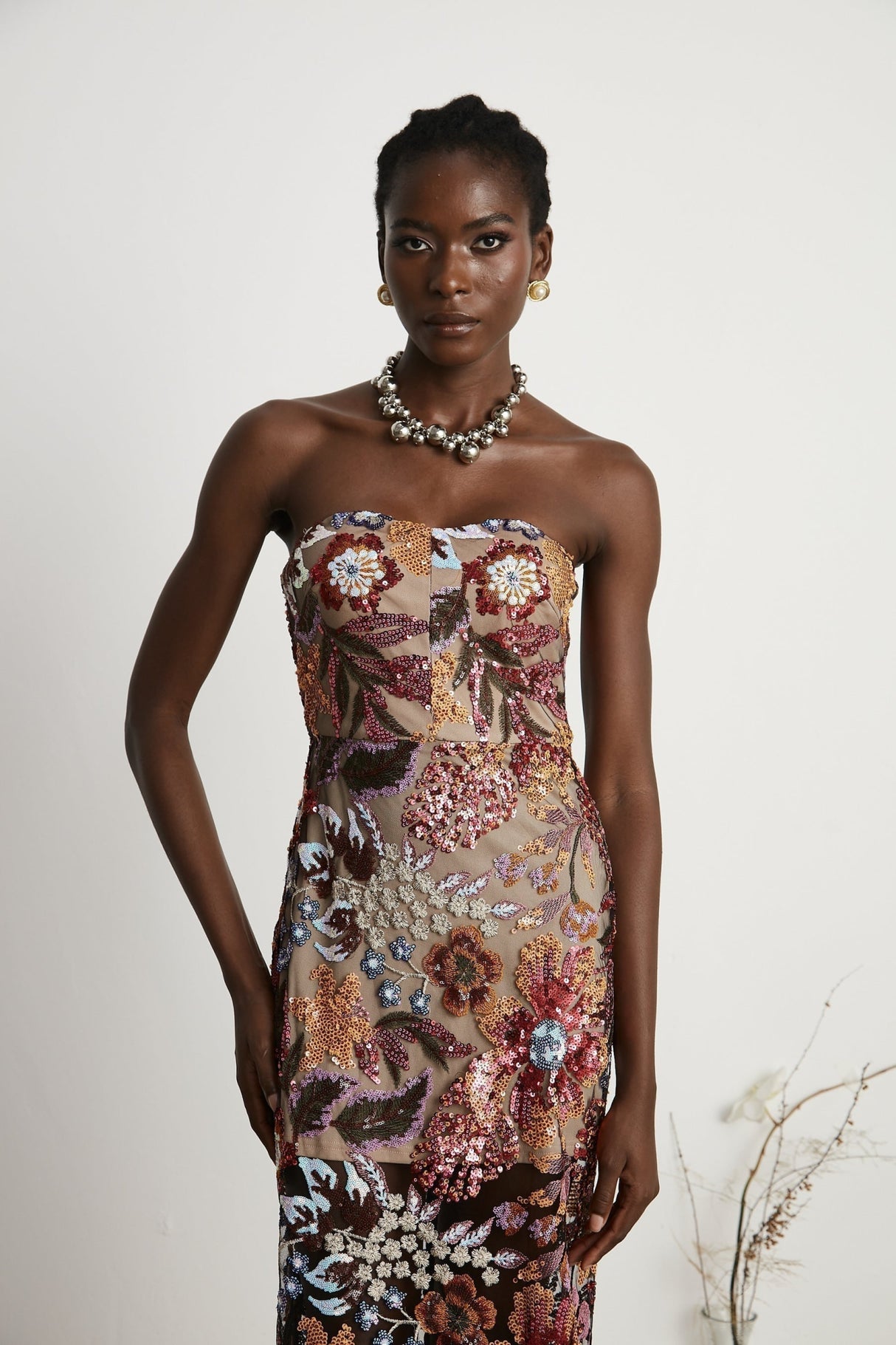 Michelina Floral Midi Dress in Red with Sequin Embellishment & OffShoulder Style