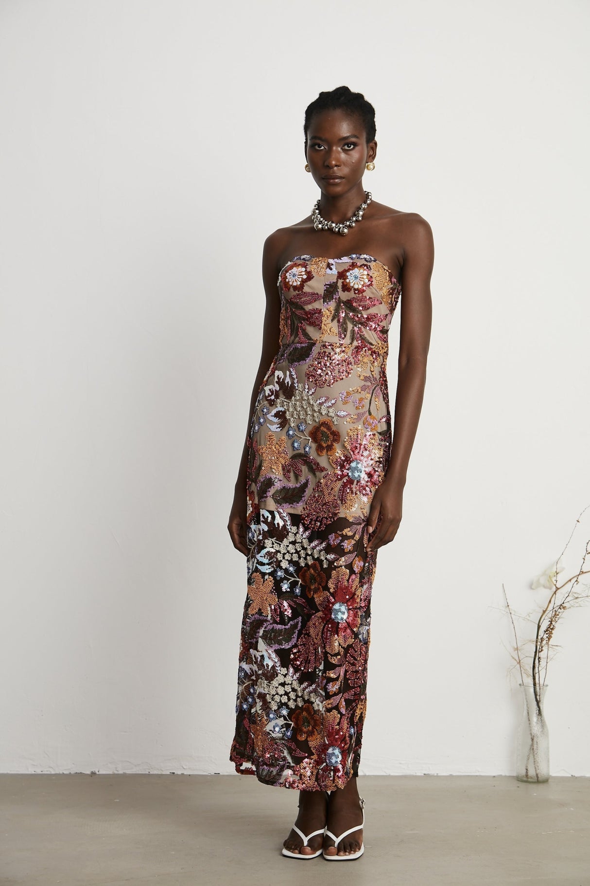 Michelina Floral Midi Dress in Red with Sequin Embellishment & OffShoulder Style