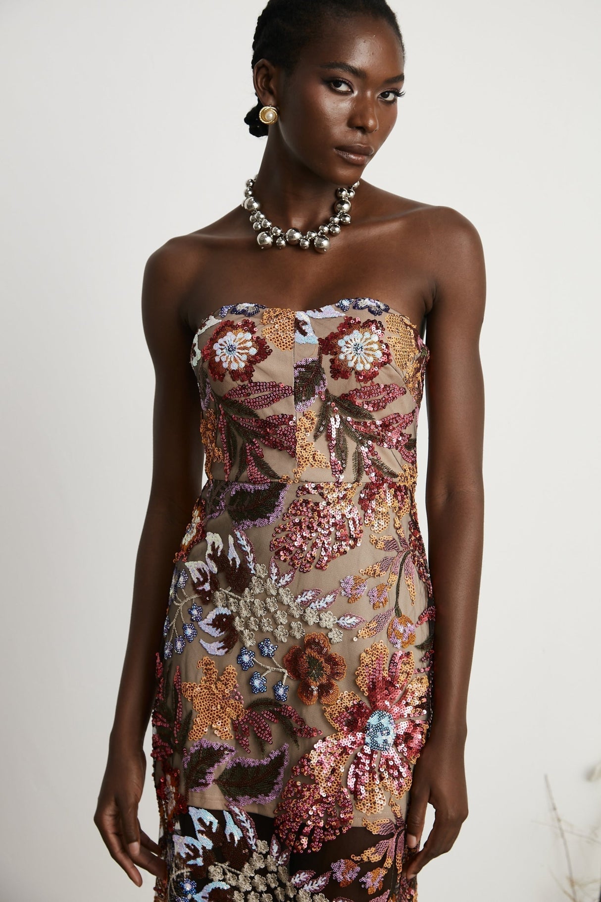 Michelina Floral Midi Dress in Red with Sequin Embellishment & OffShoulder Style