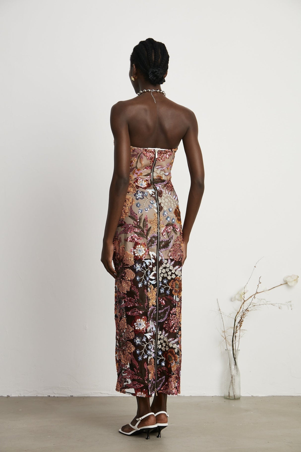 Michelina Floral Midi Dress in Red with Sequin Embellishment & OffShoulder Style