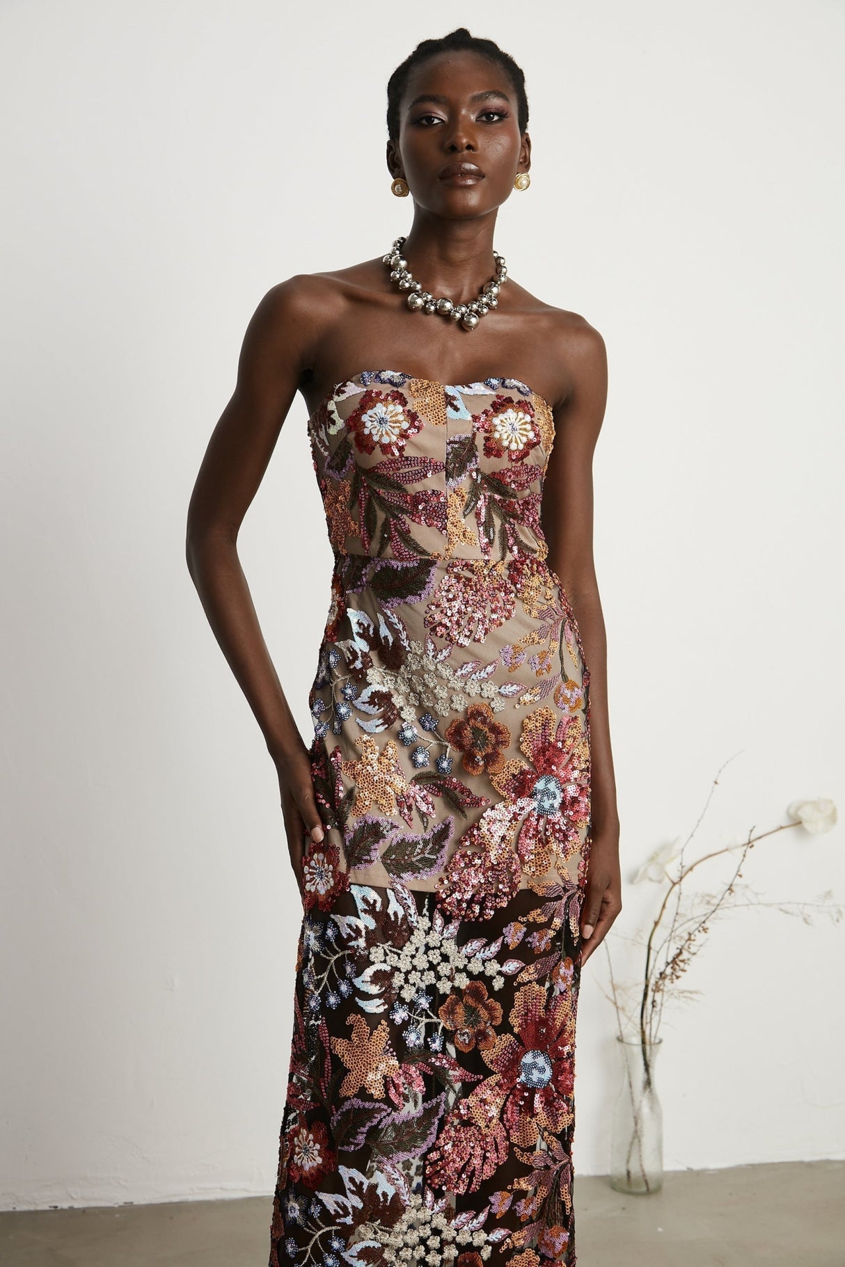 Michelina Floral Midi Dress in Red with Sequin Embellishment & OffShoulder Style