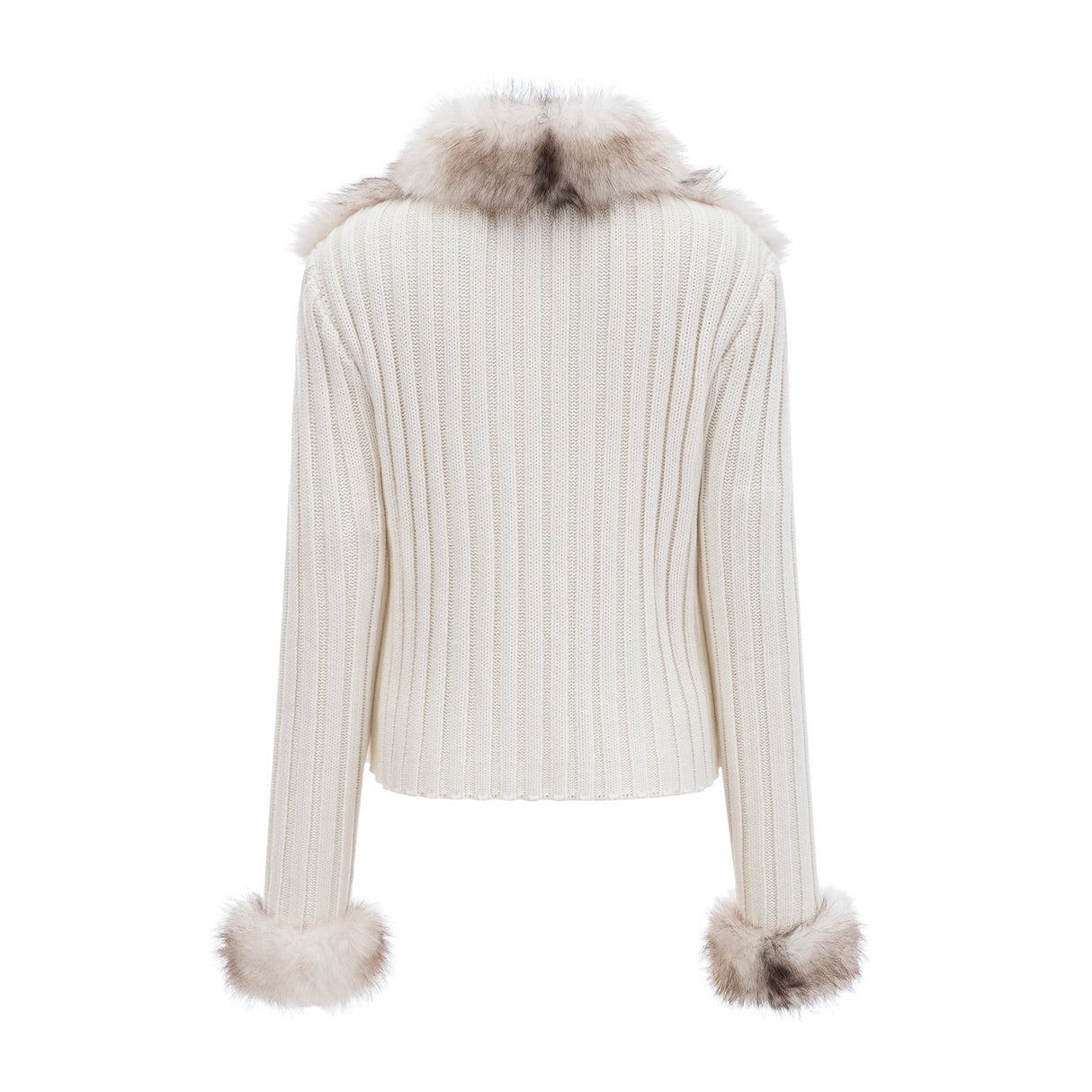 Michelina Jacket White Brown Faux Fur Ribbed Knit & Frayed Edge