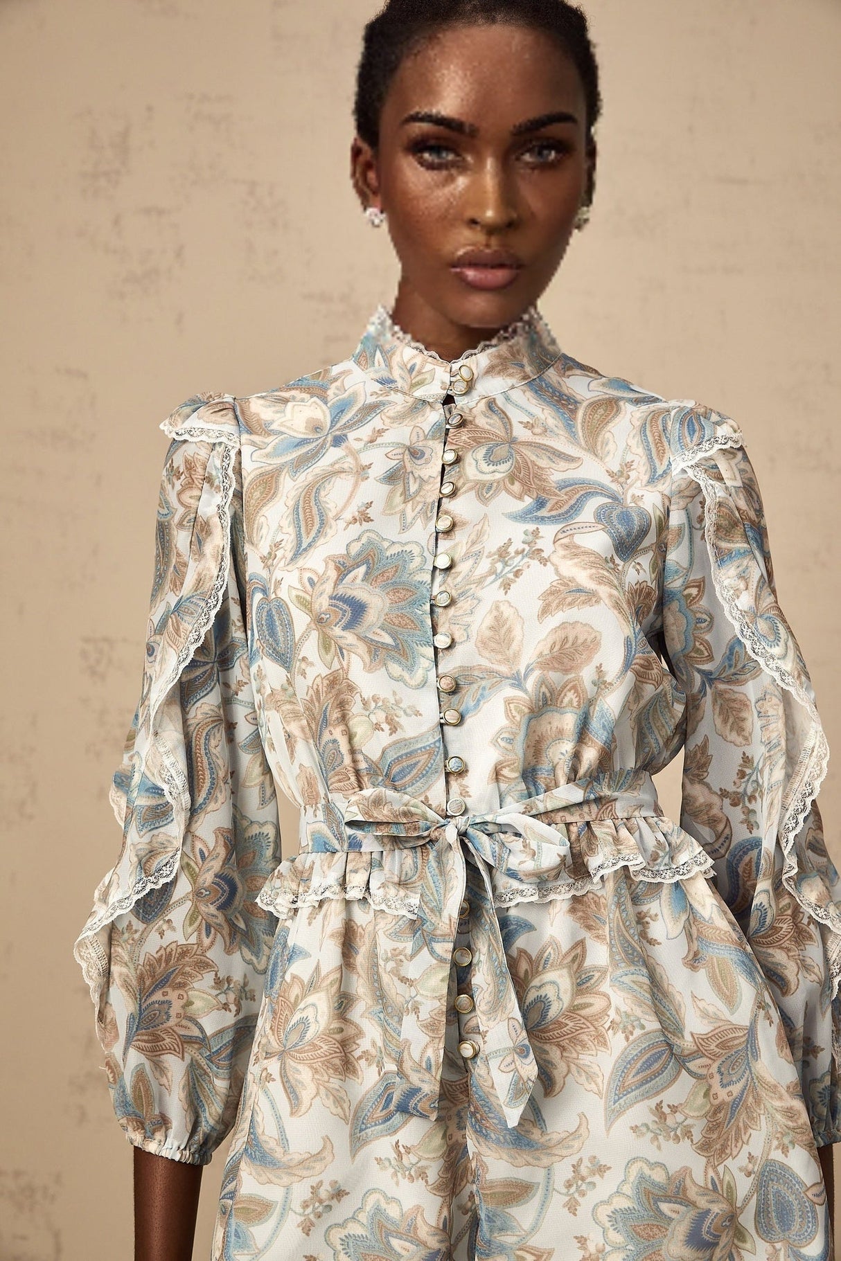 Michelina Jumpsuit Blue Floral Print Lace Trim Ruffled & Tied