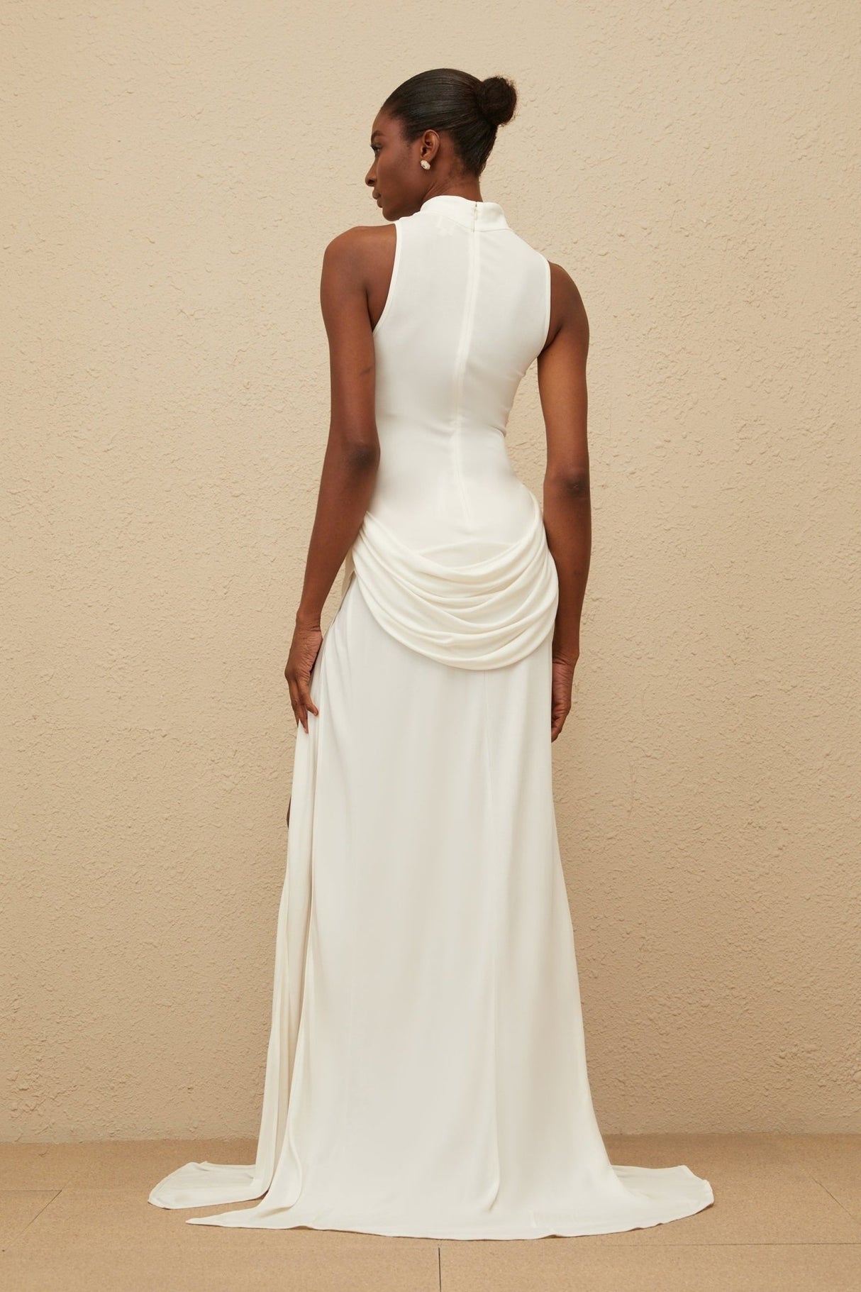 Michelina Maxi Dress - White Train Detail - Ruched Embellishments - Turtleneck - Front Slit