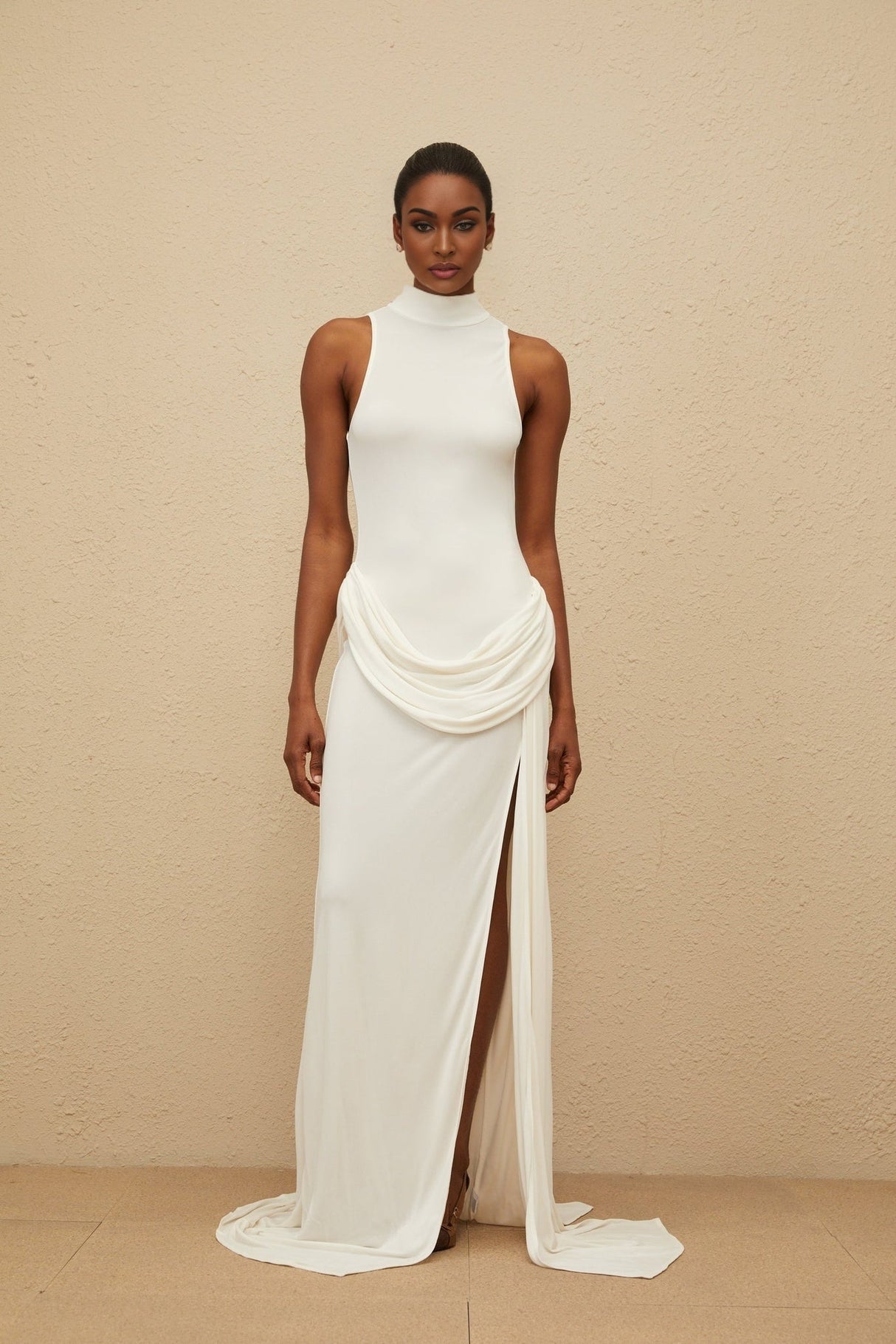 Michelina Maxi Dress - White Train Detail - Ruched Embellishments - Turtleneck - Front Slit