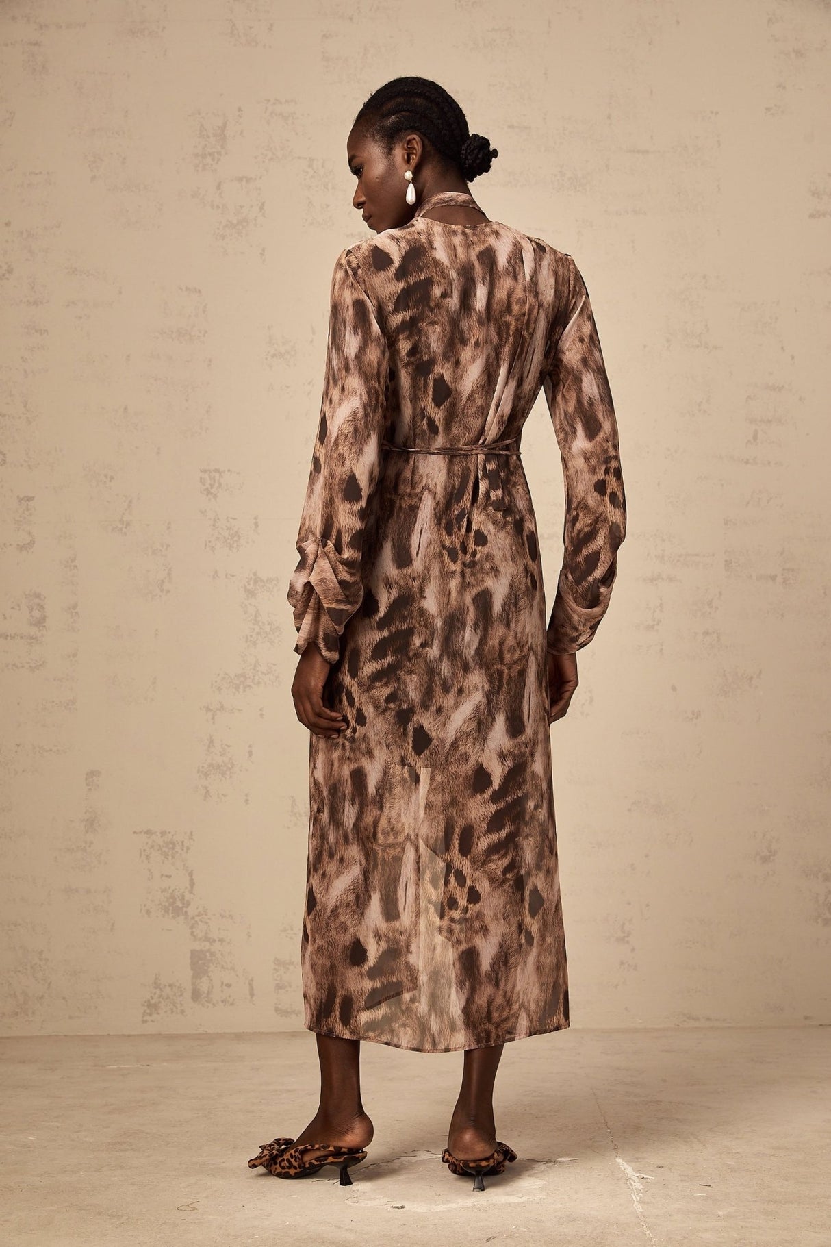 Michelina Midi Dress Brown Leopard Print Ruffled High Slit & Ribbon Tied Tieneck