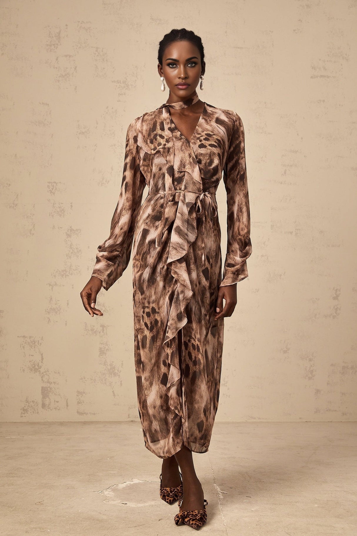 Michelina Midi Dress Brown Leopard Print Ruffled High Slit & Ribbon Tied Tieneck