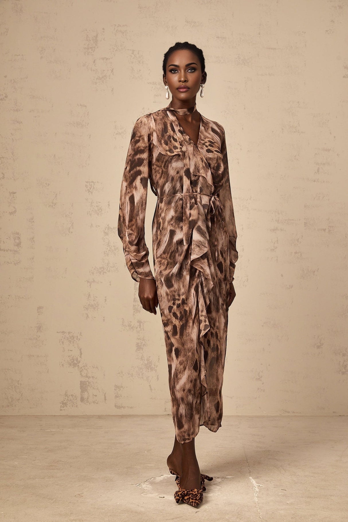 Michelina Midi Dress Brown Leopard Print Ruffled High Slit & Ribbon Tied Tieneck