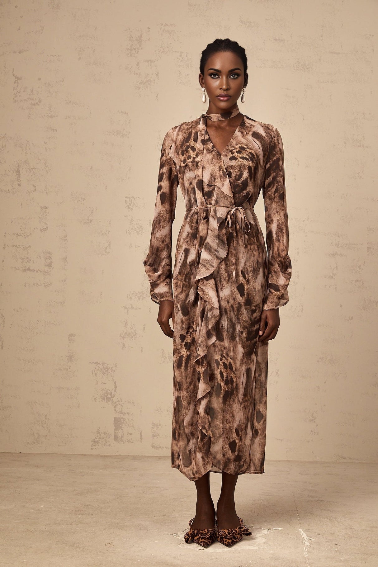 Michelina Midi Dress Brown Leopard Print Ruffled High Slit & Ribbon Tied Tieneck