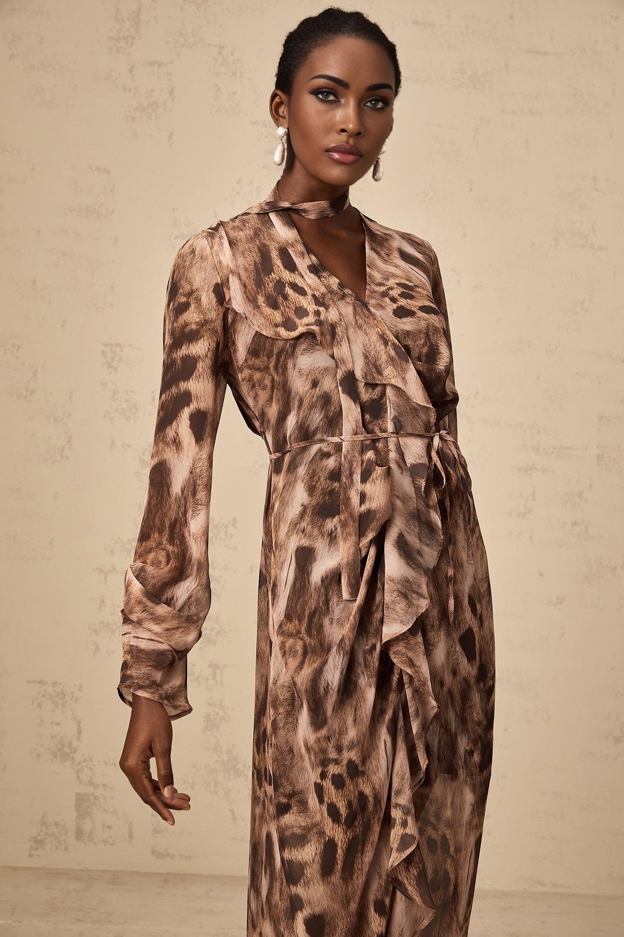 Michelina Midi Dress Brown Leopard Print Ruffled High Slit & Ribbon Tied Tieneck