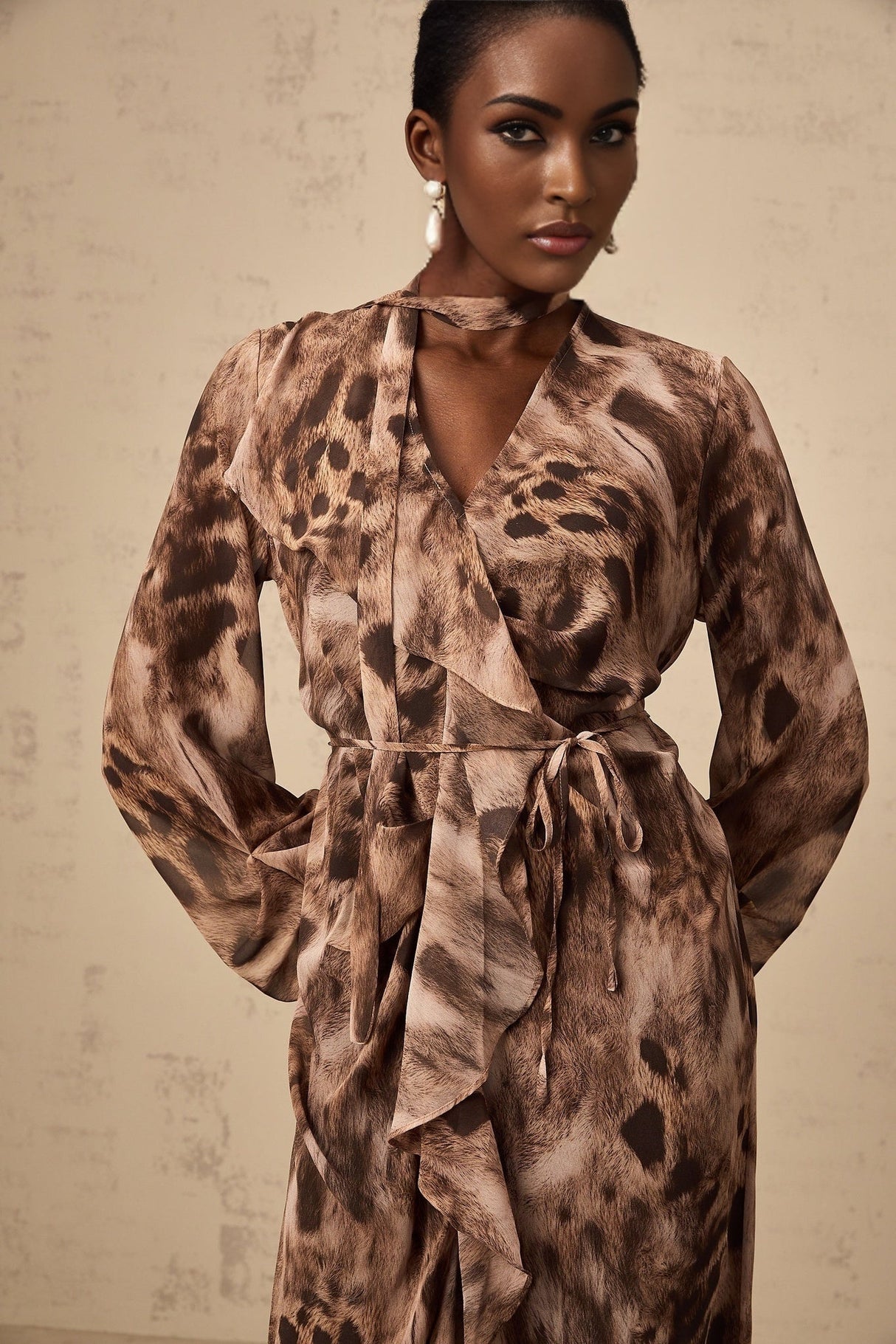 Michelina Midi Dress Brown Leopard Print Ruffled High Slit & Ribbon Tied Tieneck