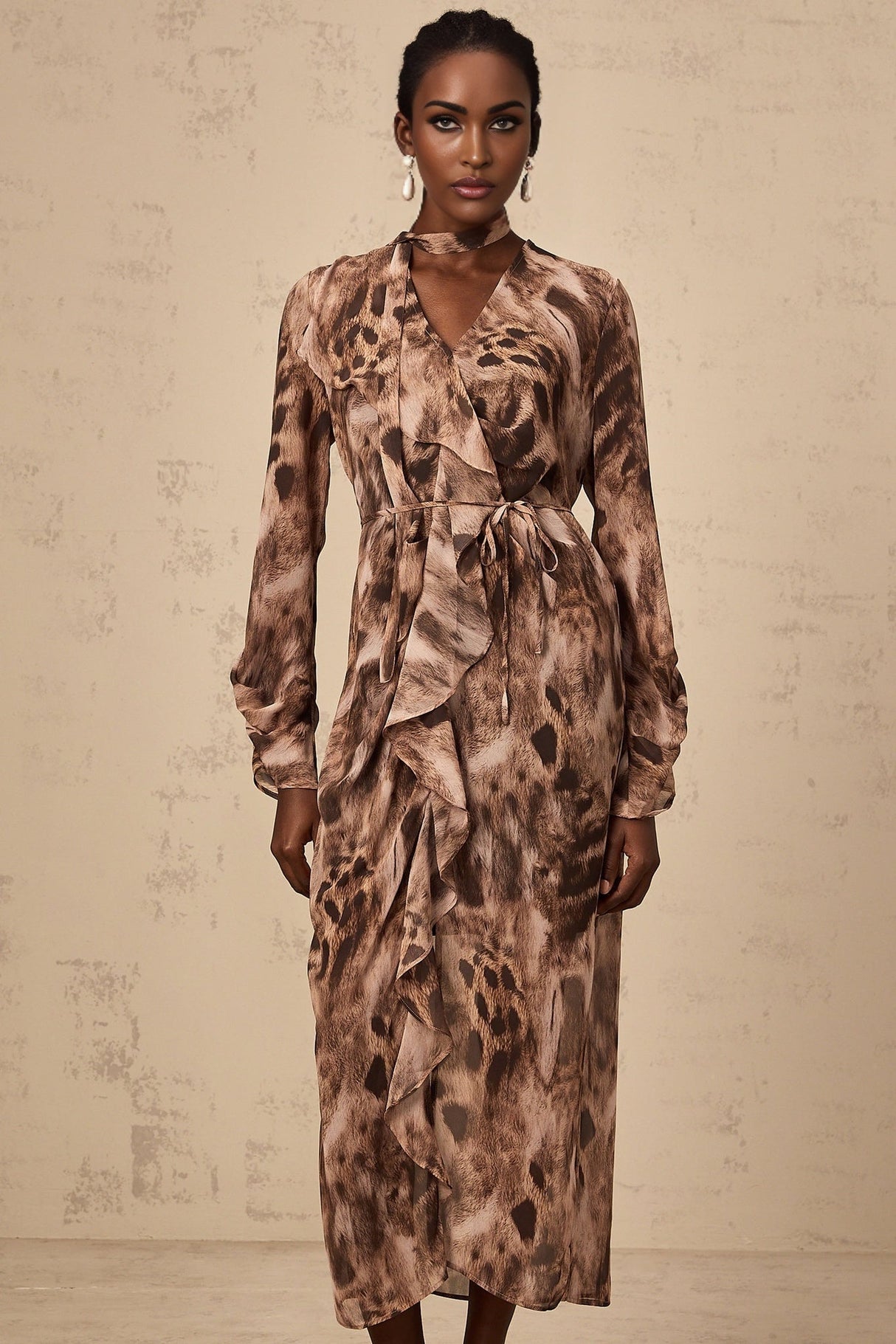 Michelina Midi Dress Brown Leopard Print Ruffled High Slit & Ribbon Tied Tieneck