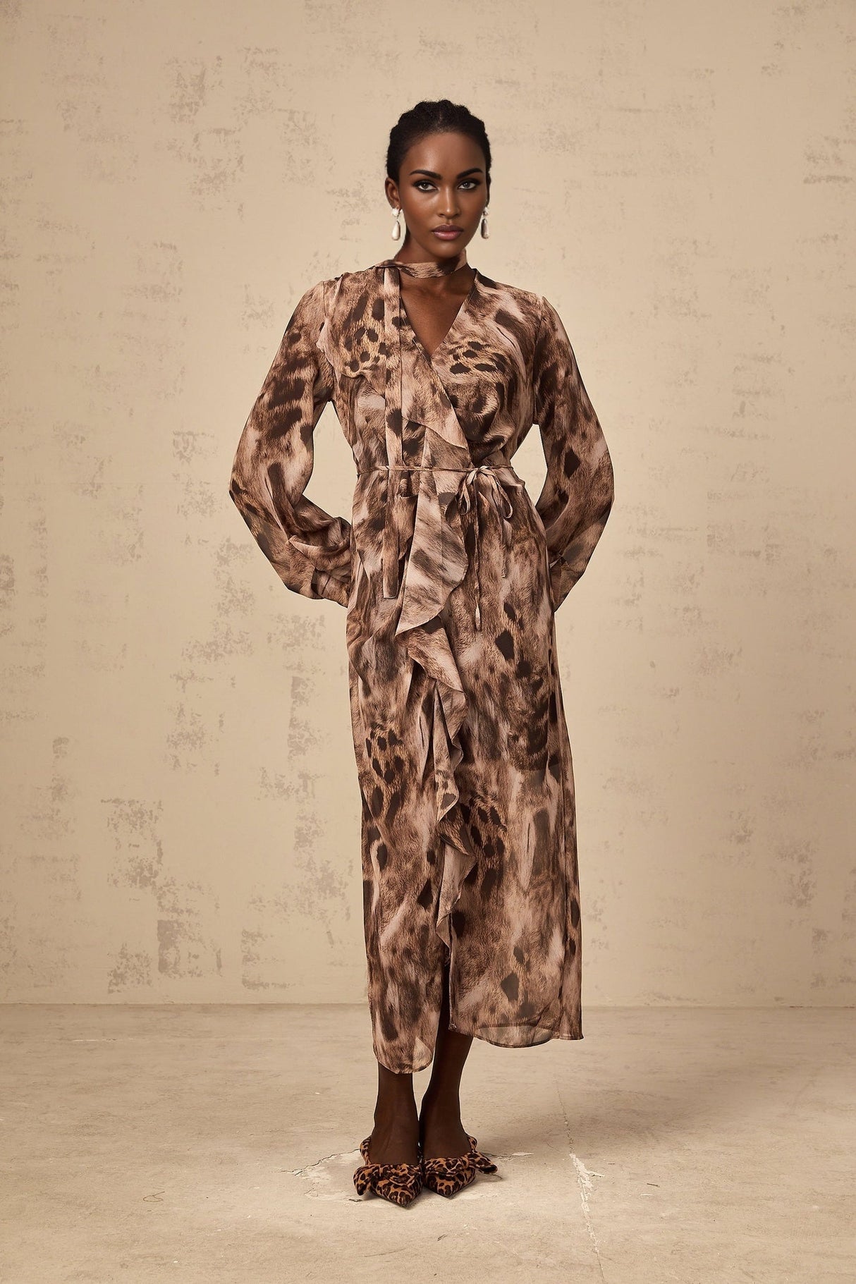 Michelina Midi Dress Brown Leopard Print Ruffled High Slit & Ribbon Tied Tieneck