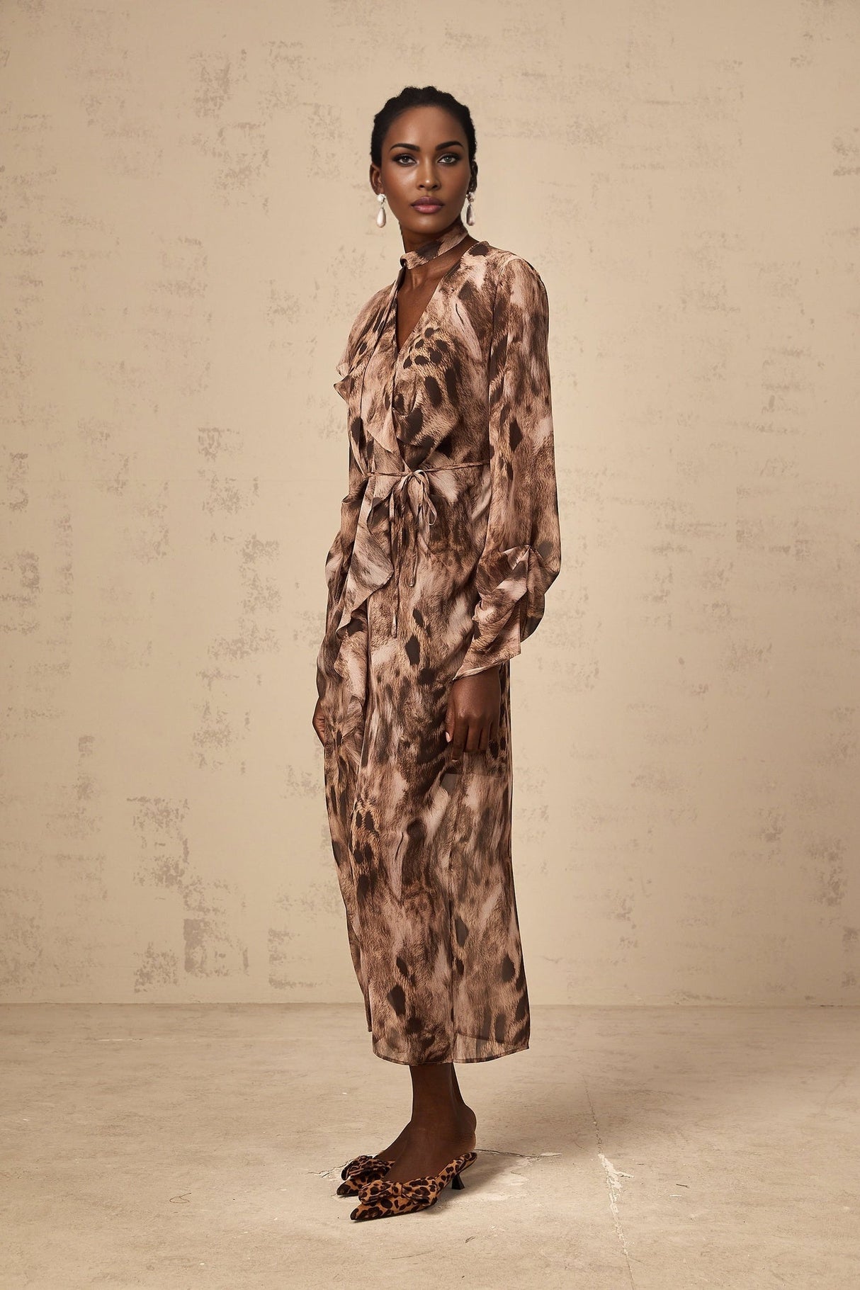 Michelina Midi Dress Brown Leopard Print Ruffled High Slit & Ribbon Tied Tieneck