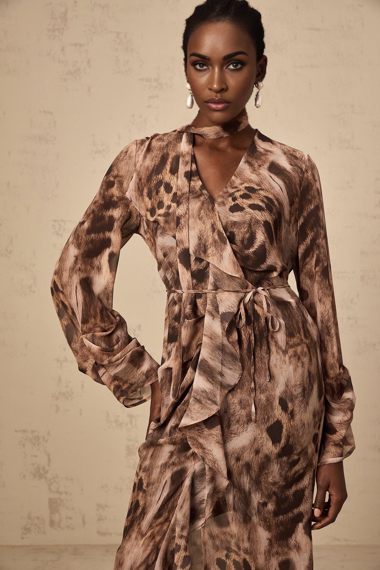 Michelina Midi Dress Brown Leopard Print Ruffled High Slit & Ribbon Tied Tieneck