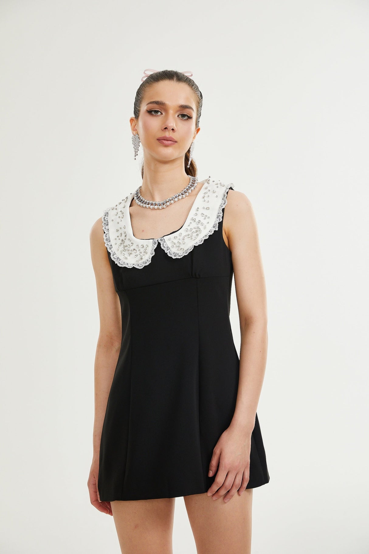 Michelina Mini Dress Lace Trim Crystal Embellishments Black White