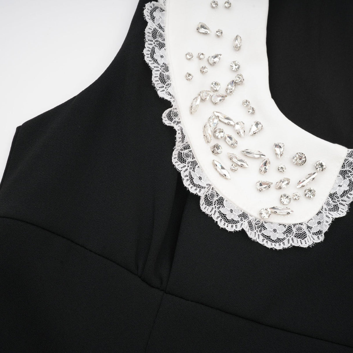 Michelina Mini Dress Lace Trim Crystal Embellishments Black White