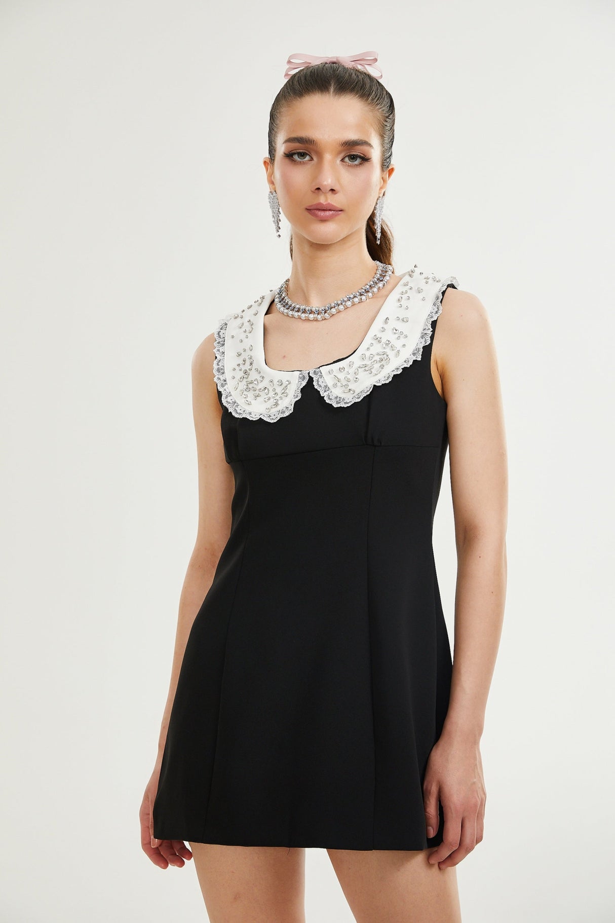 Michelina Mini Dress Lace Trim Crystal Embellishments Black White