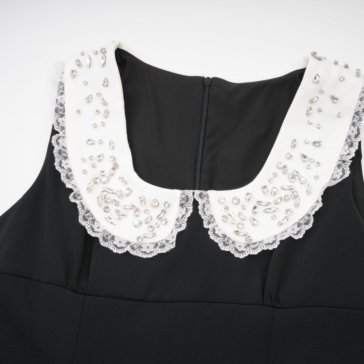 Michelina Mini Dress Lace Trim Crystal Embellishments Black White