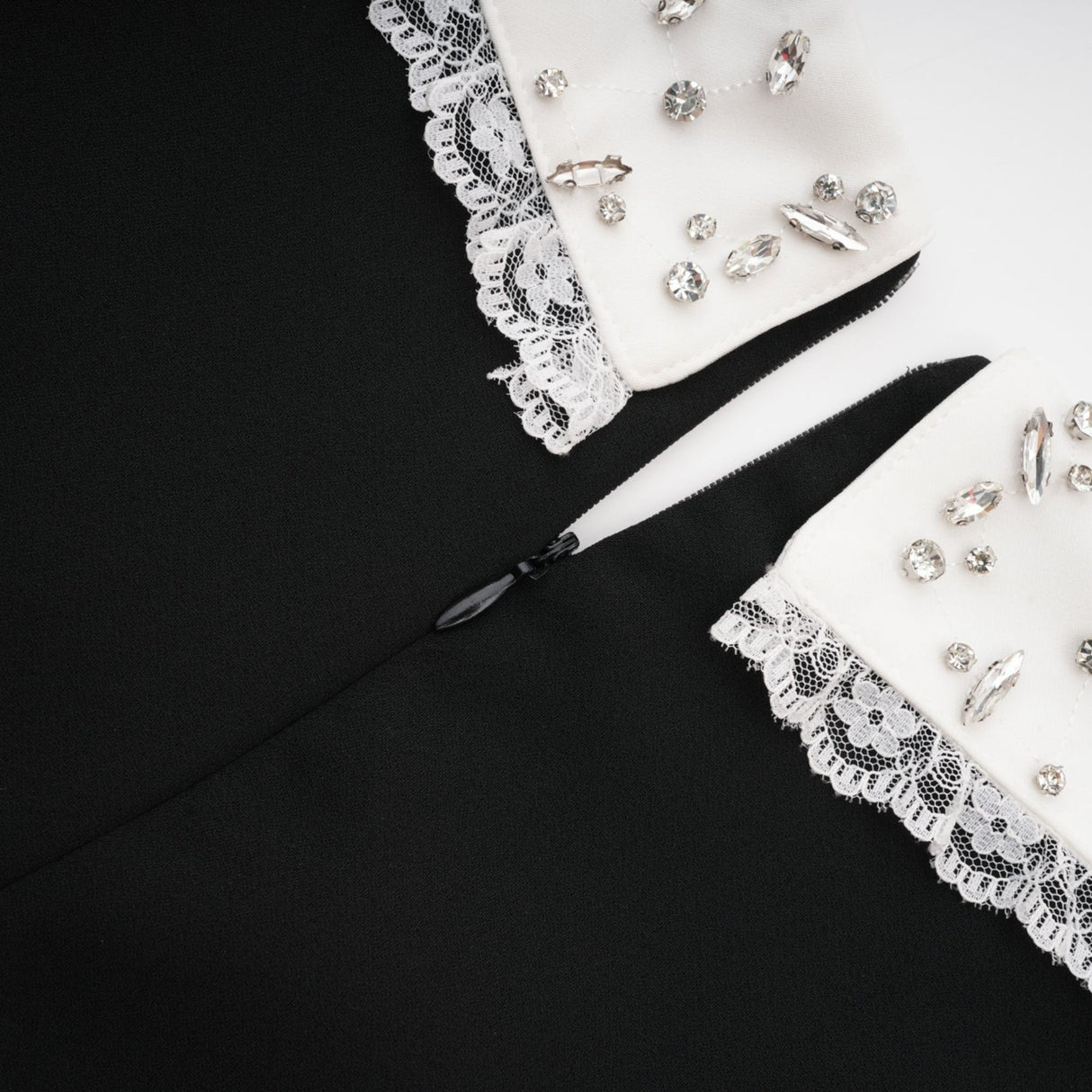 Michelina Mini Dress Lace Trim Crystal Embellishments Black White