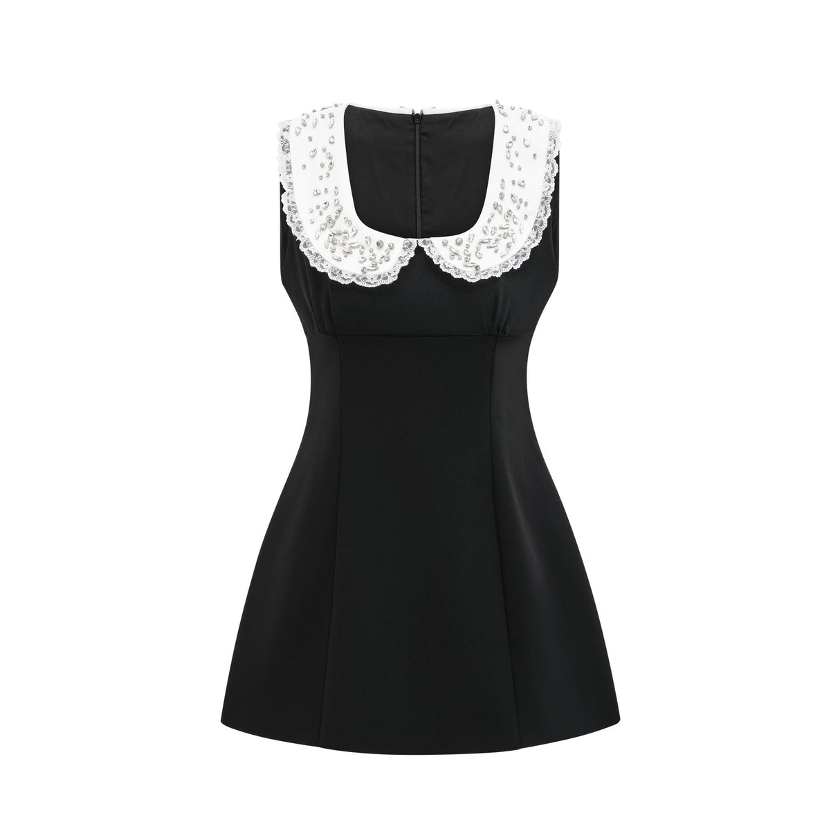 Michelina Mini Dress Lace Trim Crystal Embellishments Black White