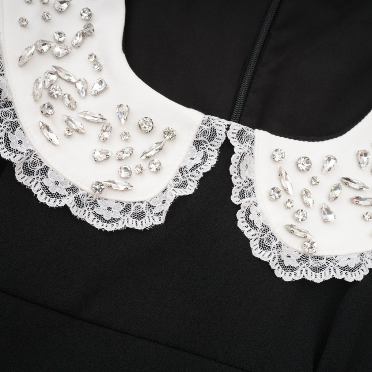 Michelina Mini Dress Lace Trim Crystal Embellishments Black White