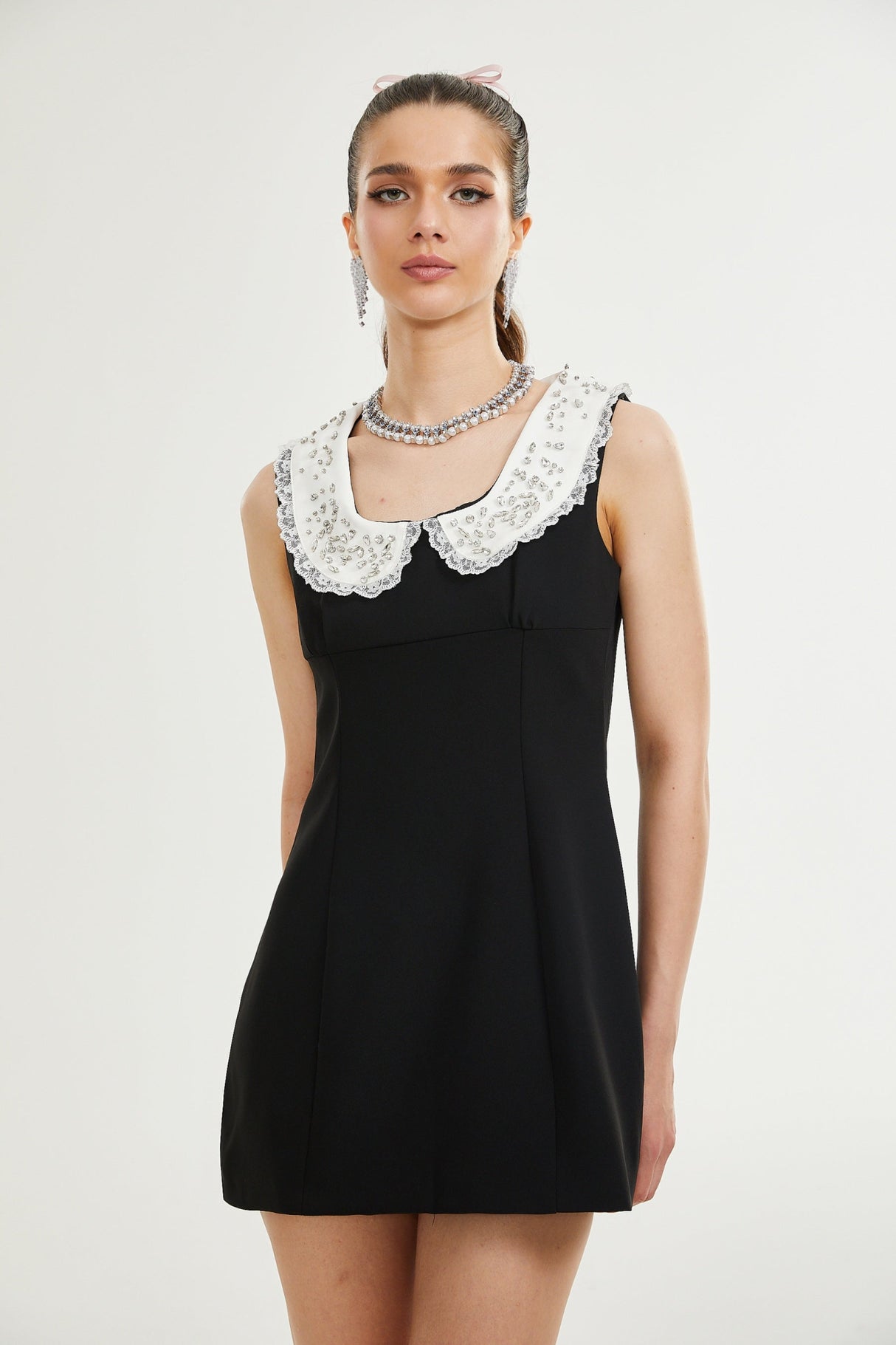 Michelina Mini Dress Lace Trim Crystal Embellishments Black White