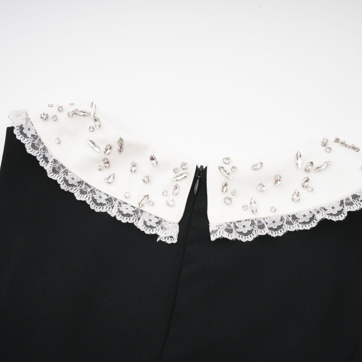 Michelina Mini Dress Lace Trim Crystal Embellishments Black White