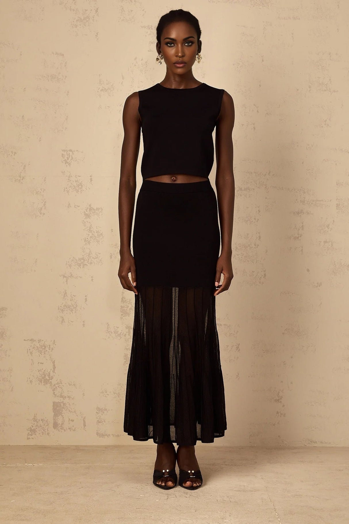 Michelina Top & Skirt Set with Sheer Hem and Sleek Fit in Black