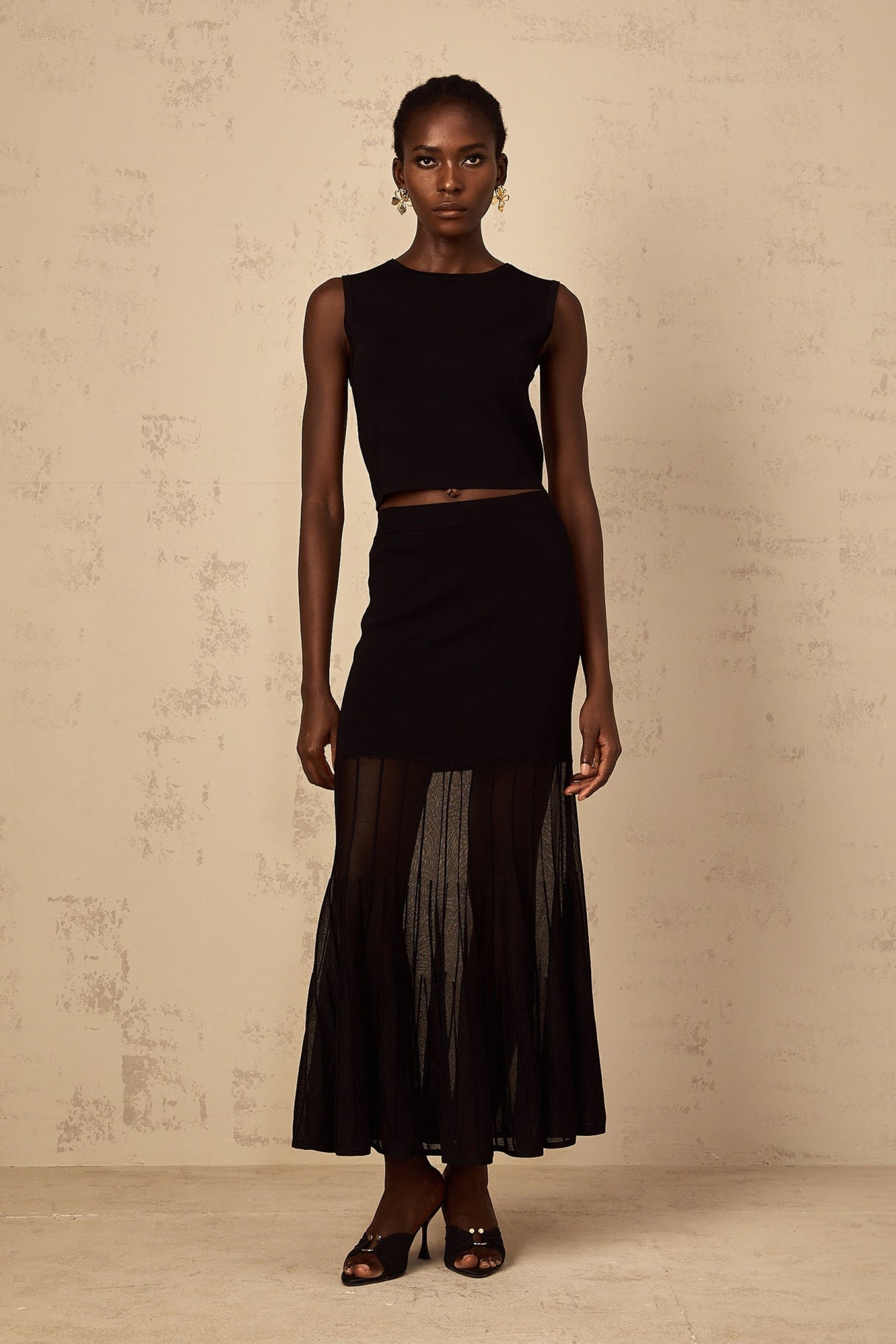 Michelina Top & Skirt Set with Sheer Hem and Sleek Fit in Black