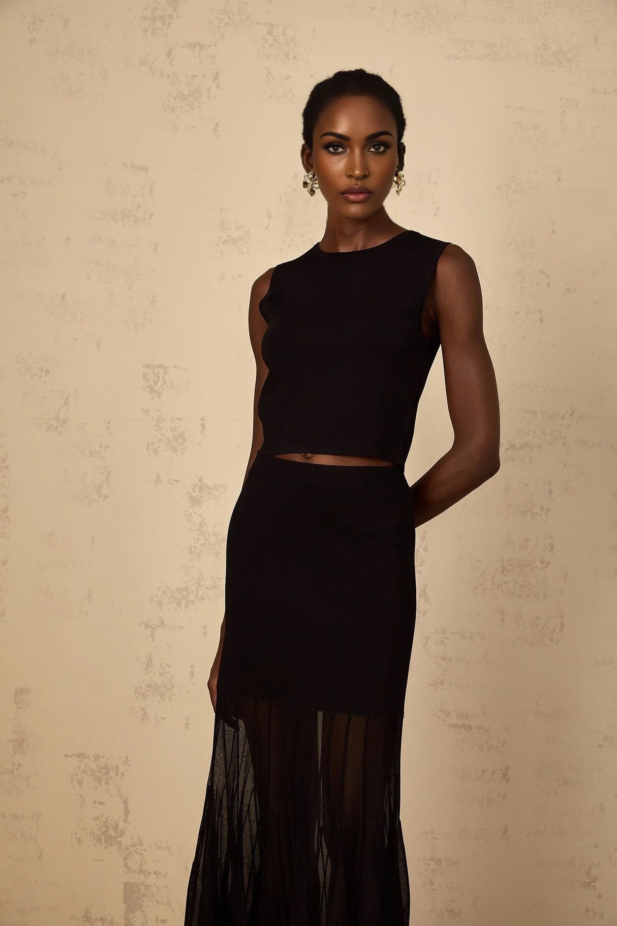 Michelina Top & Skirt Set with Sheer Hem and Sleek Fit in Black