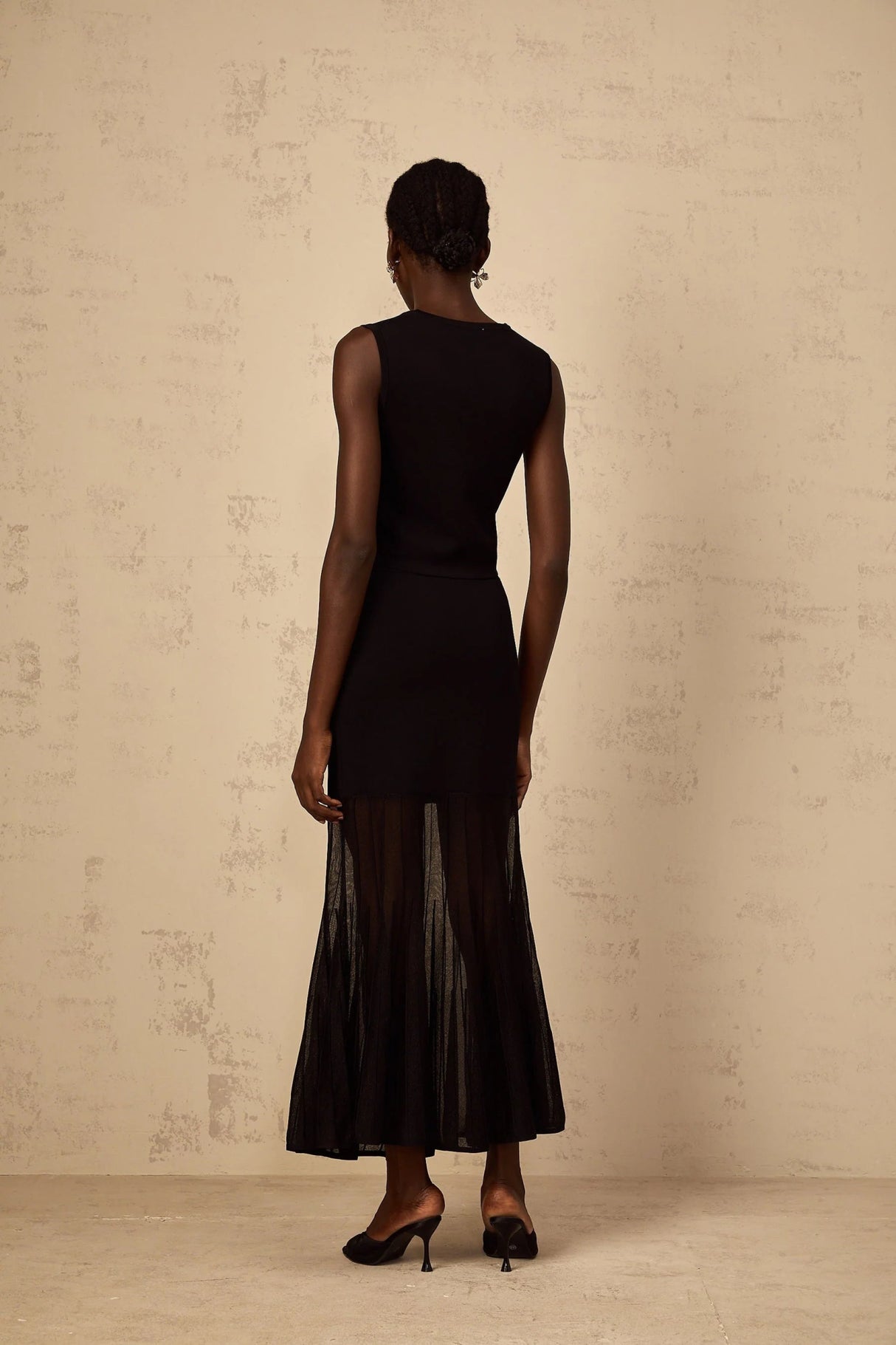 Michelina Top & Skirt Set with Sheer Hem and Sleek Fit in Black