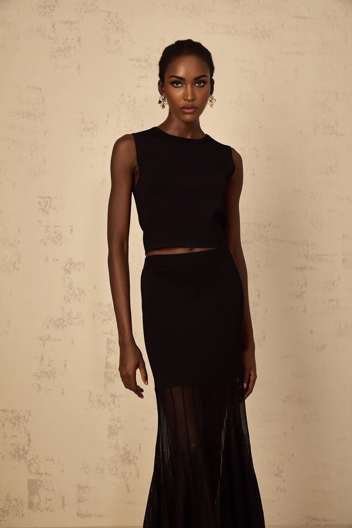 Michelina Top & Skirt Set with Sheer Hem and Sleek Fit in Black