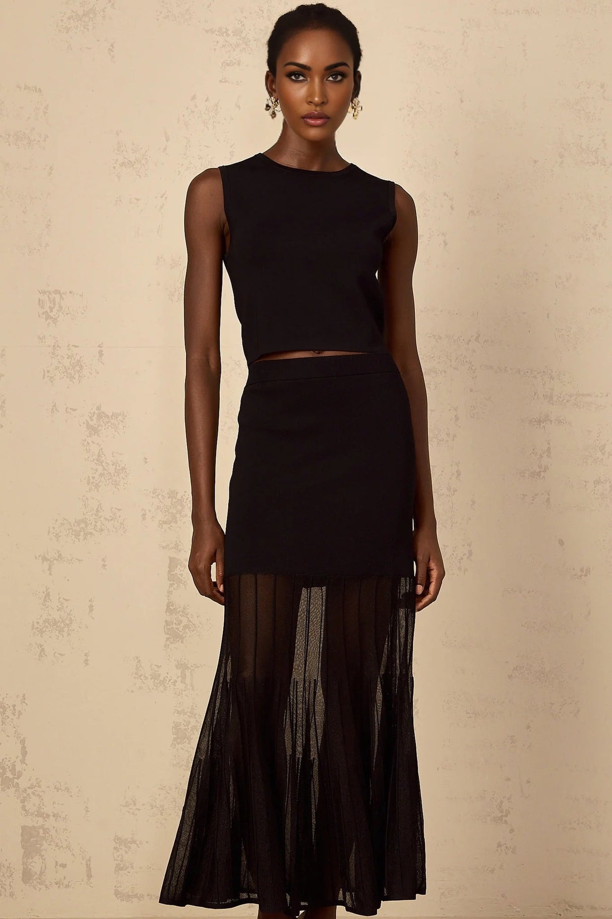 Michelina Top & Skirt Set with Sheer Hem and Sleek Fit in Black