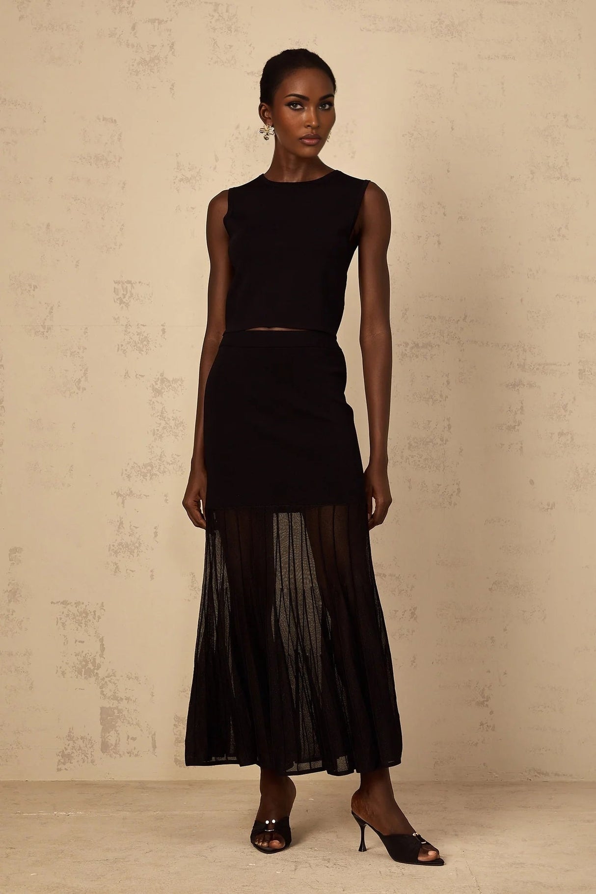 Michelina Top & Skirt Set with Sheer Hem and Sleek Fit in Black