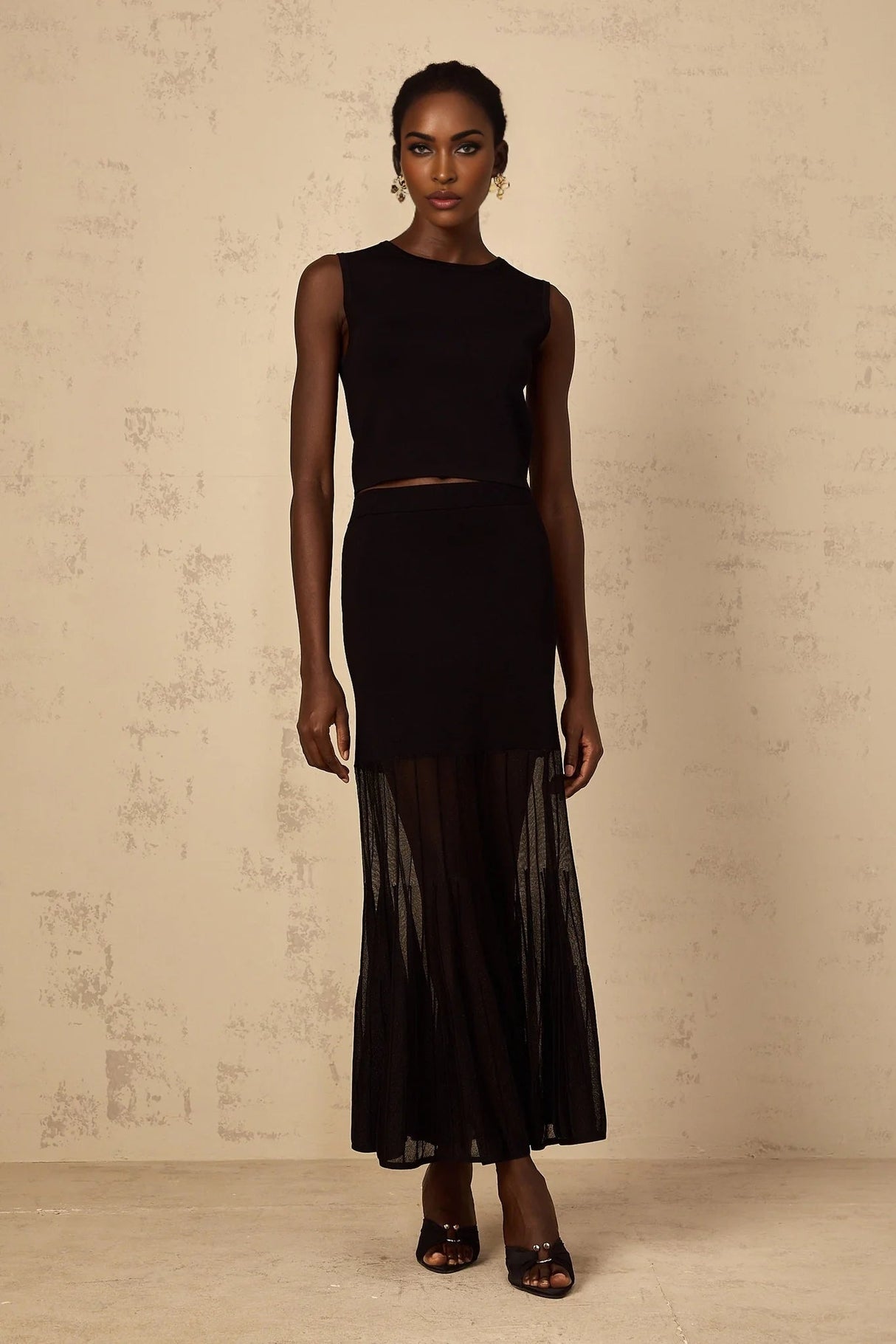 Michelina Top & Skirt Set with Sheer Hem and Sleek Fit in Black