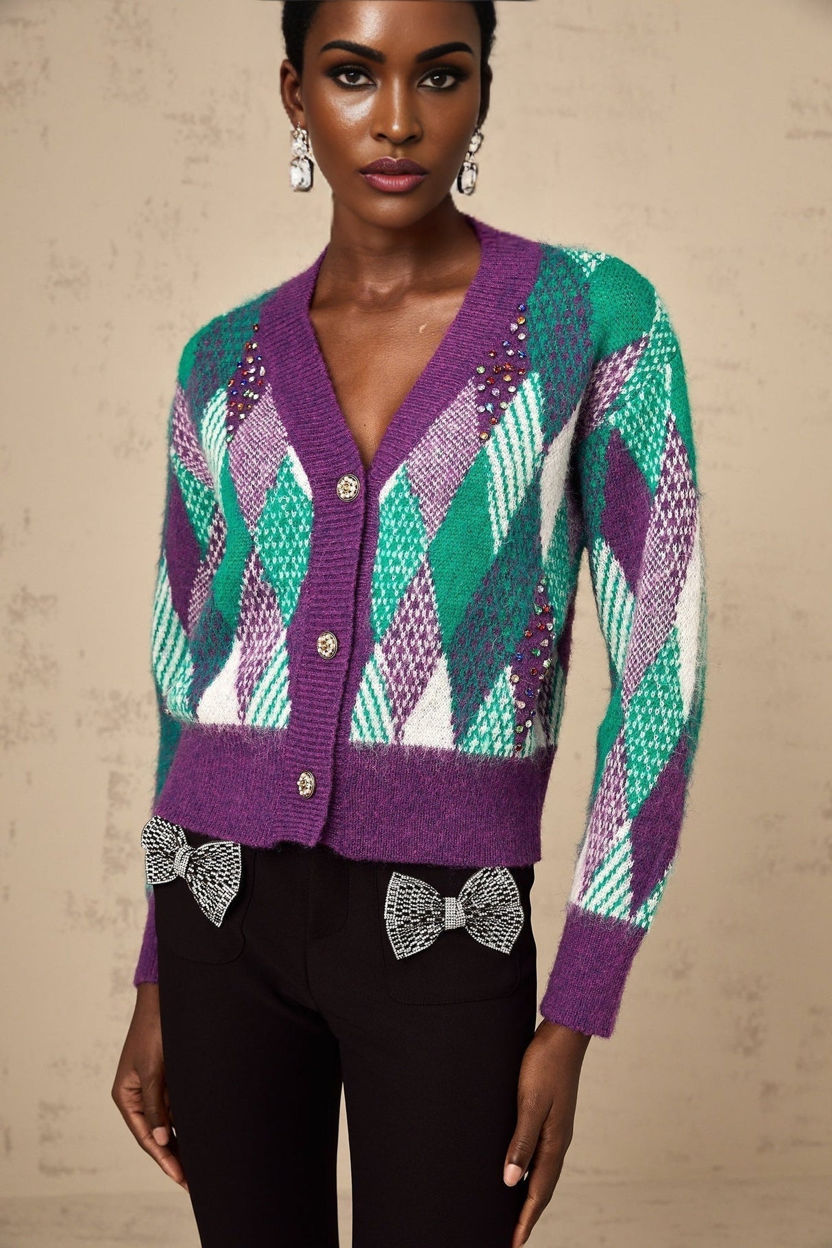 Michelle Top Purple Argyle Knit Rhinestone Cropped