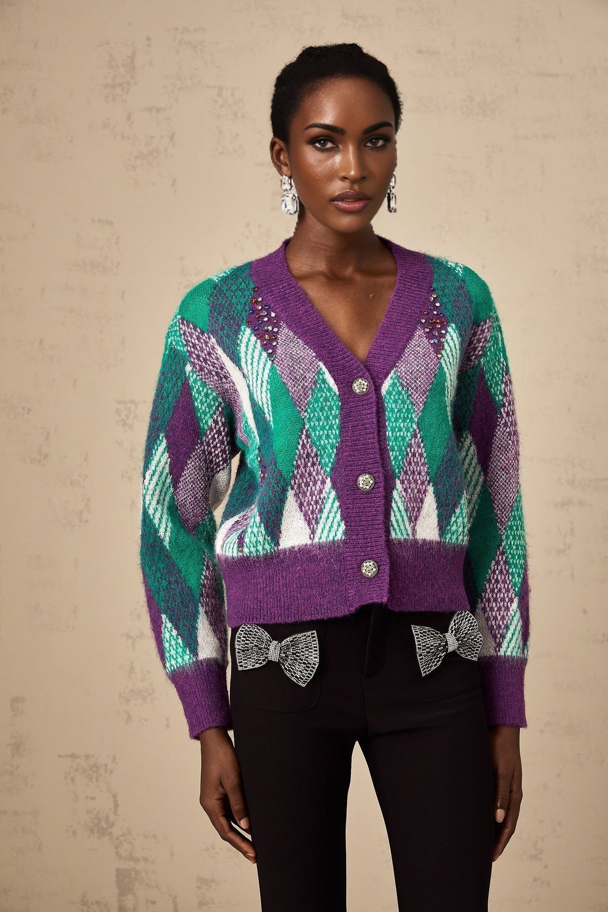 Michelle Top Purple Argyle Knit Rhinestone Cropped