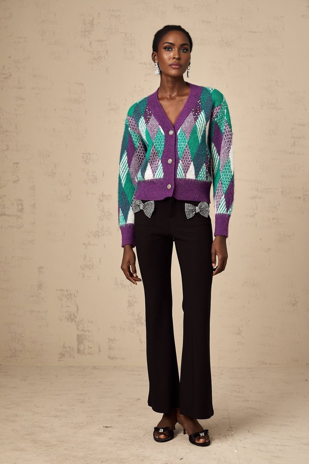 Michelle Top Purple Argyle Knit Rhinestone Cropped