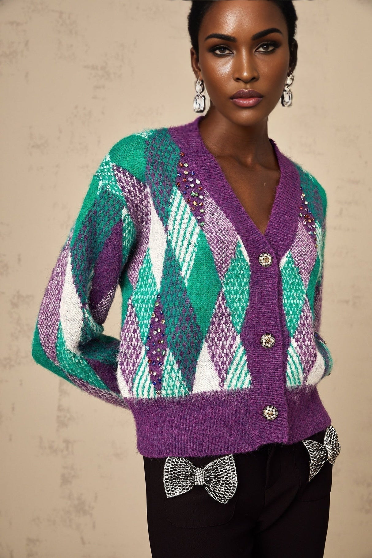 Michelle Top Purple Argyle Knit Rhinestone Cropped