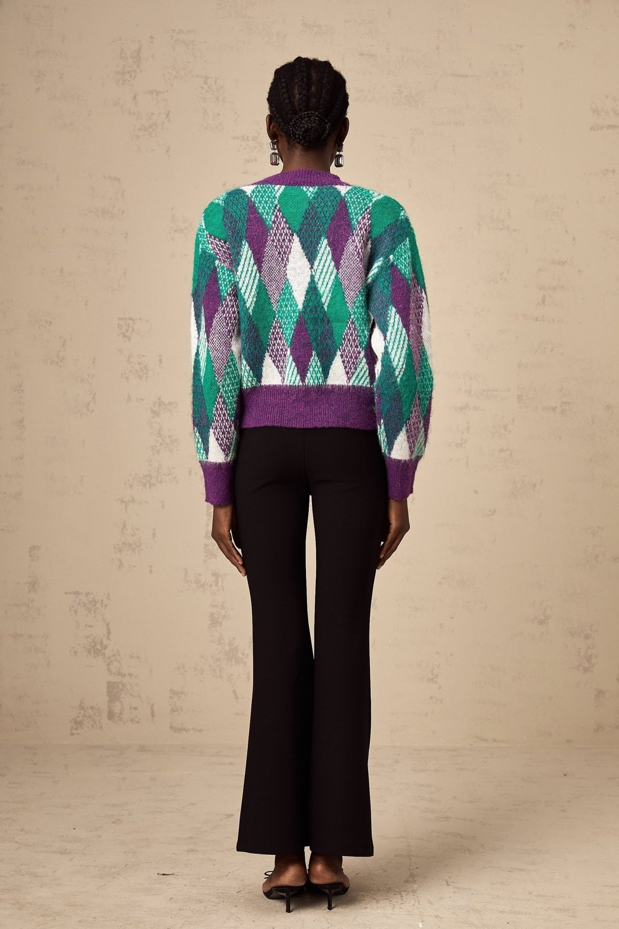 Michelle Top Purple Argyle Knit Rhinestone Cropped