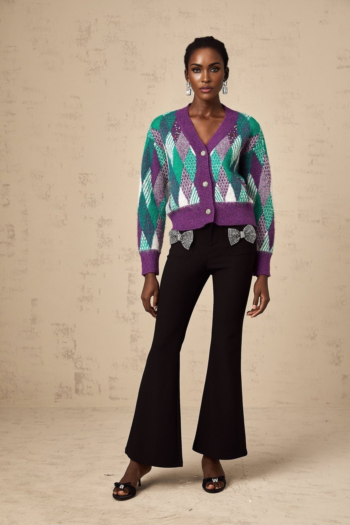 Michelle Top Purple Argyle Knit Rhinestone Cropped