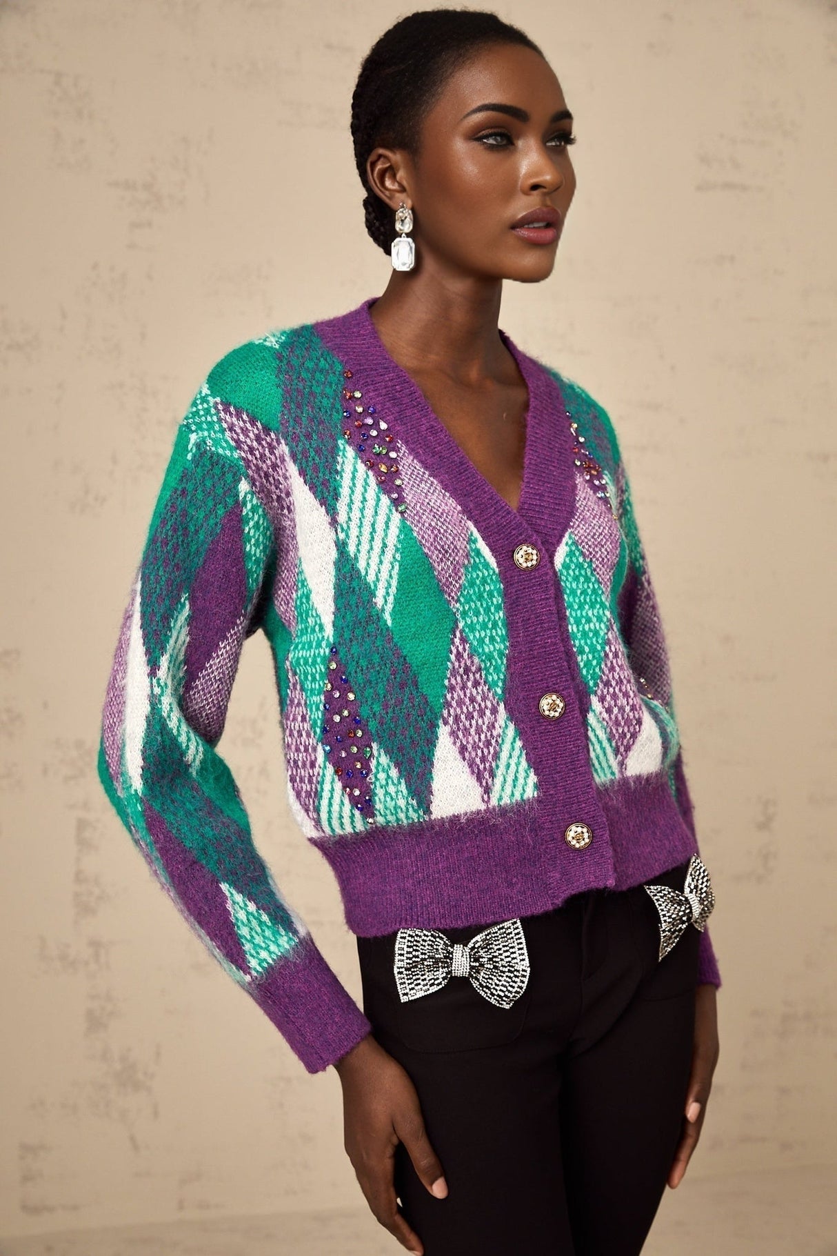 Michelle Top Purple Argyle Knit Rhinestone Cropped