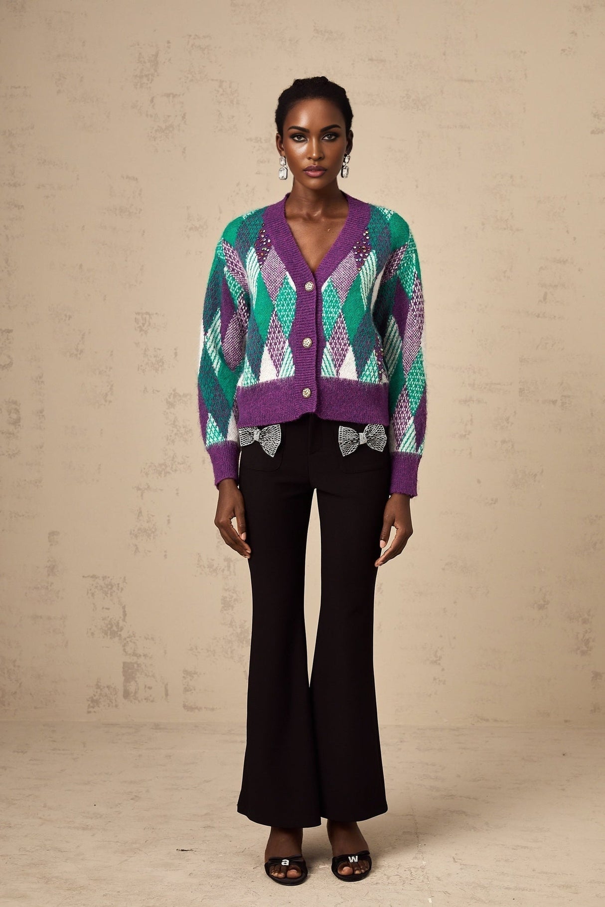 Michelle Top Purple Argyle Knit Rhinestone Cropped