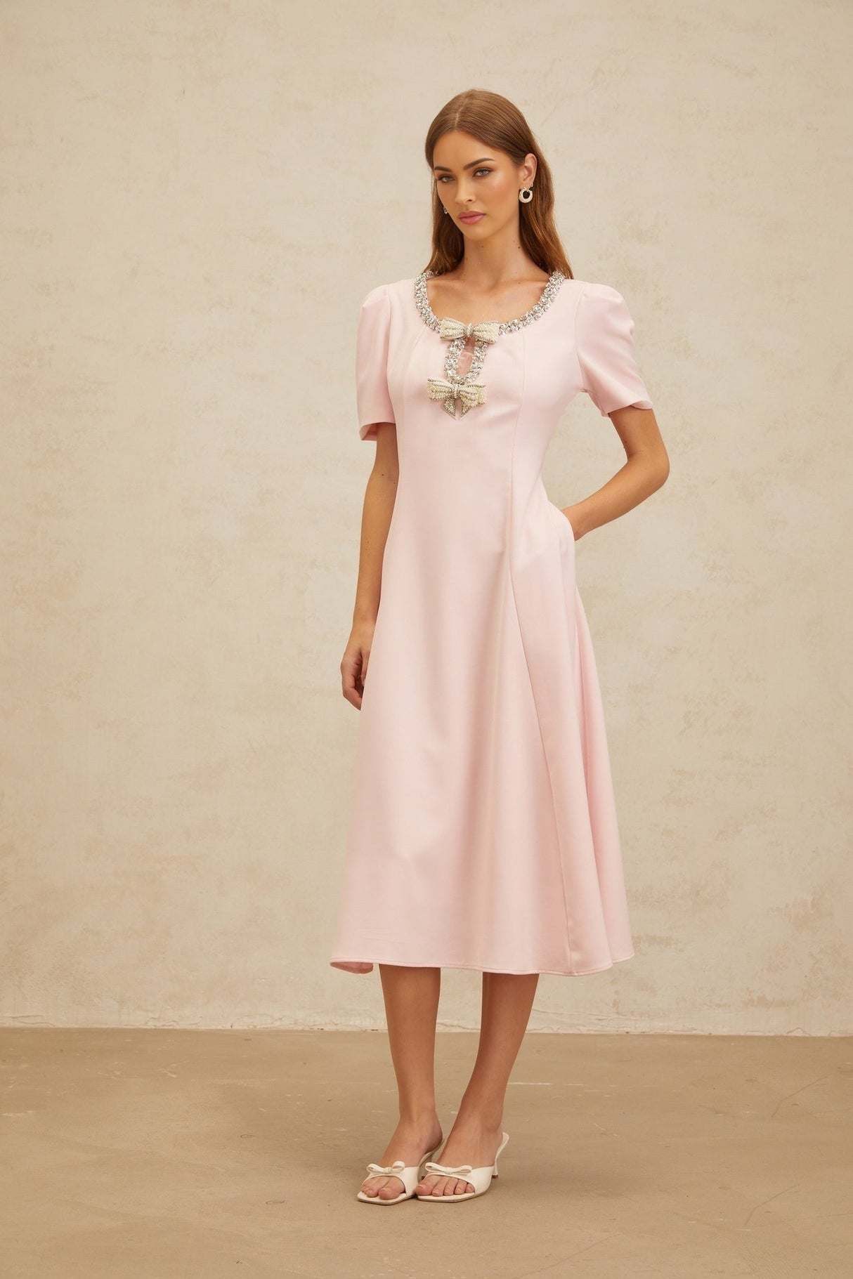 Midi Dress - Cinched Waist - Cut - Out Detailing - Crystal & Faux - Pearl Embellishments - Flared Hem
