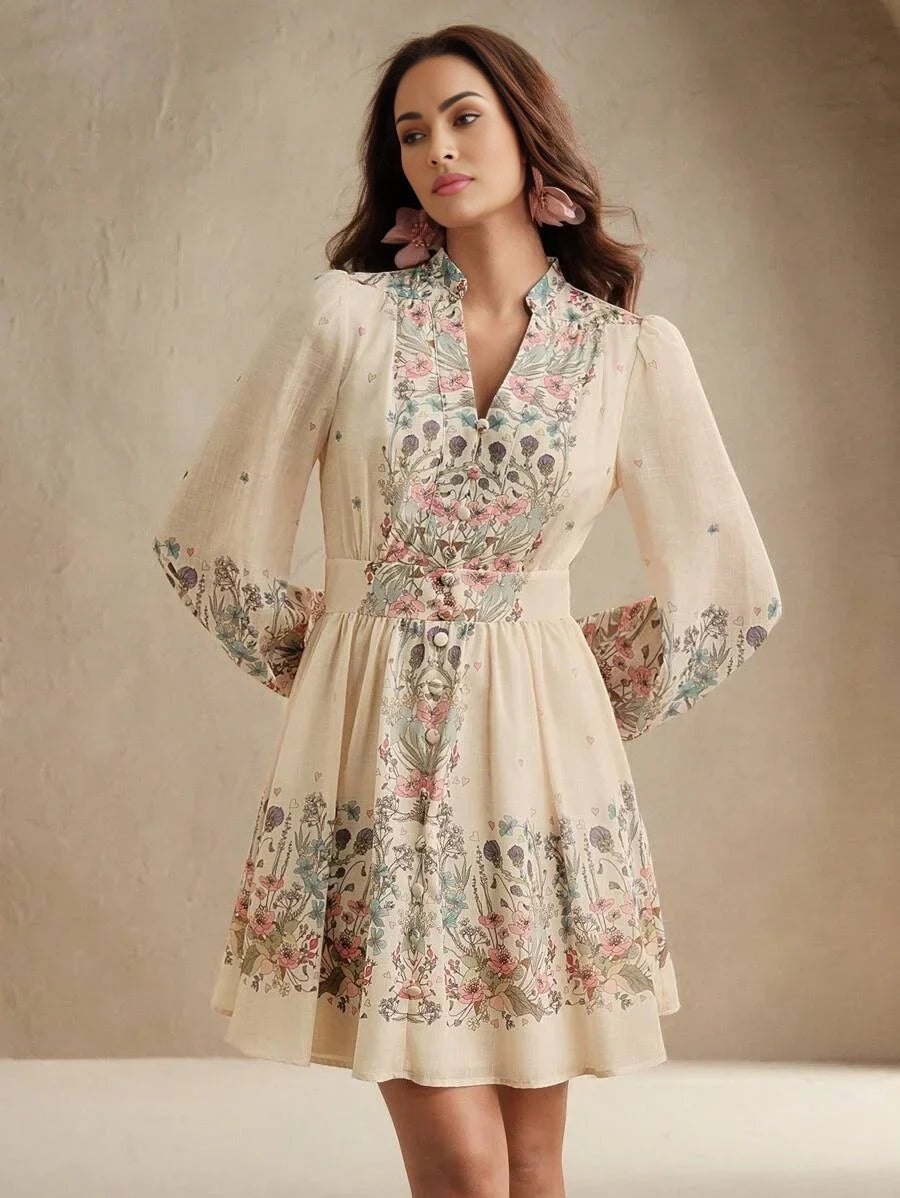 Midi Dress - Notched Neckline - Bishop Sleeve - High Waist - A Line - Boho Style