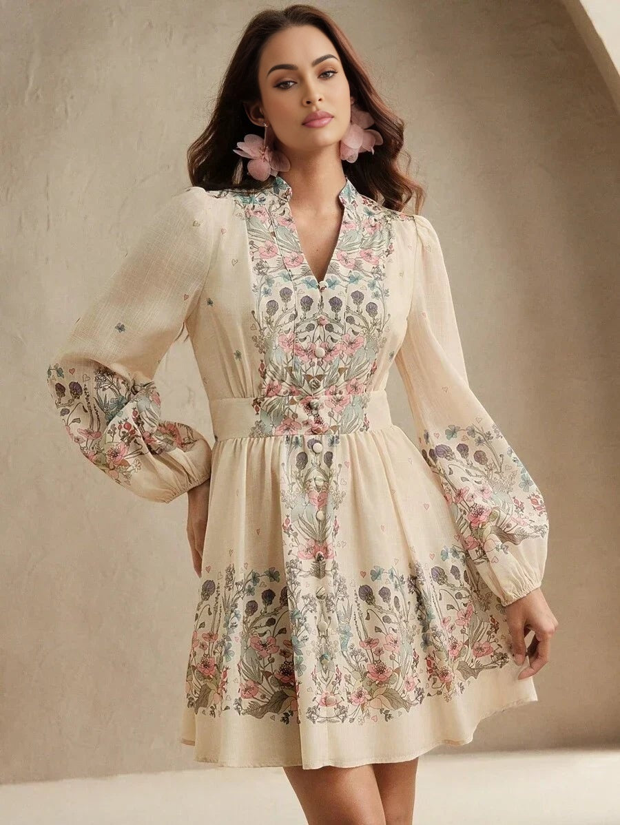Midi Dress - Notched Neckline - Bishop Sleeve - High Waist - A Line - Boho Style