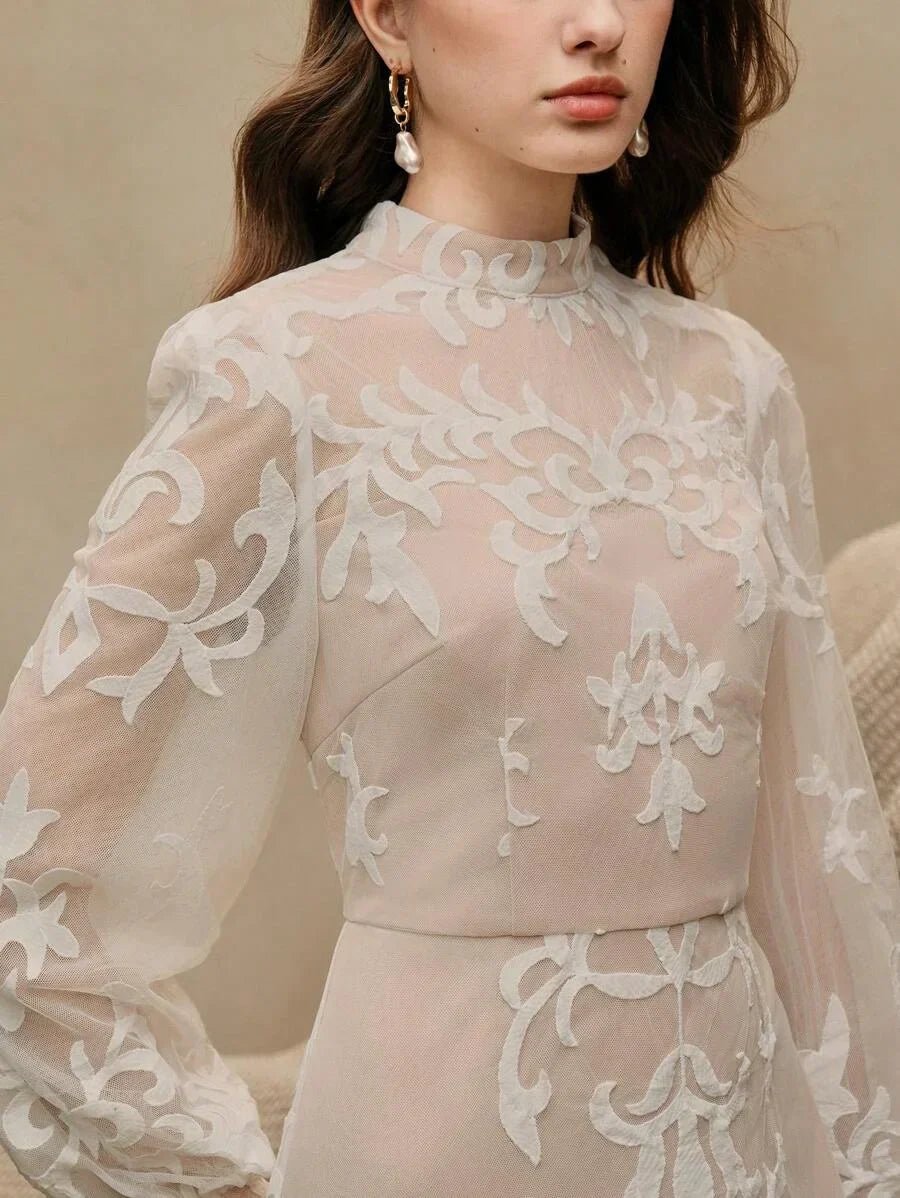 Midi Dress - Stand Collar - Bishop Sleeve - High Waist - Plants Print - Elegant