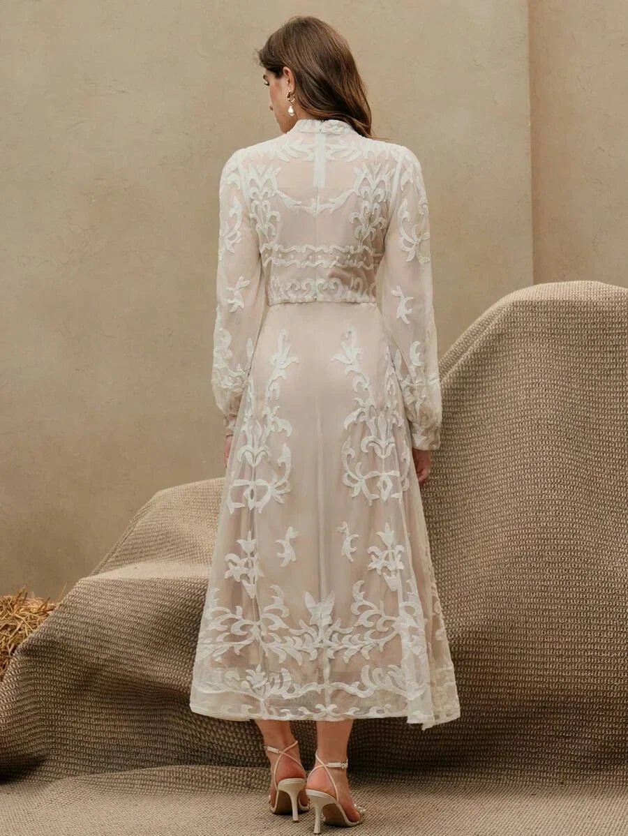 Midi Dress - Stand Collar - Bishop Sleeve - High Waist - Plants Print - Elegant